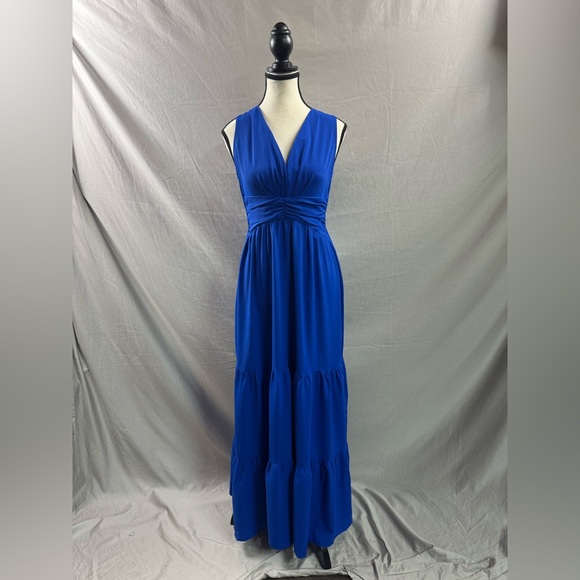 Boho V-Neck Pleated Waist Dress Blue - Picture 6 of 9